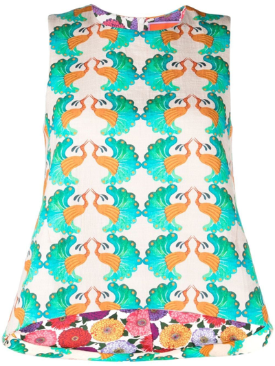 La Doublej La Scala Peacock-print Cotton-blend Twill Top In Neutrals