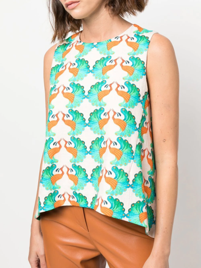 La Doublej La Scala Peacock-print Cotton-blend Twill Top In Neutrals