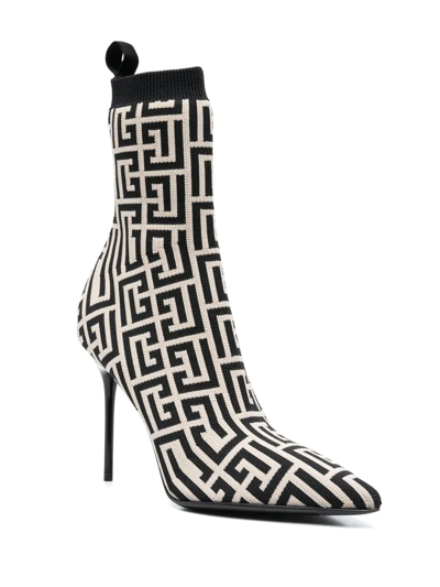 Shop Balmain Monogram-jacquard Pointed Boots In Nude