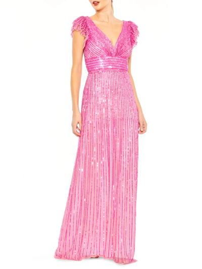 Shop Mac Duggal Women's Sequin-embellished Flutter-sleeve Gown In Hot Pink