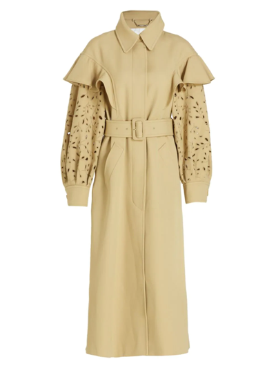 Shop Chloé Women's Embroidered Wool Trench Coat In Pearl Beige