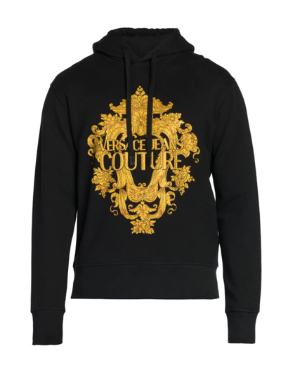 Shop Versace Jeans Couture Men's Logo Hoodie Sweatshirt In Black Gold