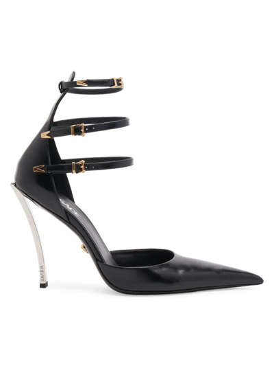 Shop Versace Women's Leather Sculptural-heel Ankle-strap Pumps In Black