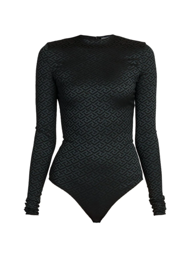Shop Versace Women's Monogram Jersey Bodysuit In Black