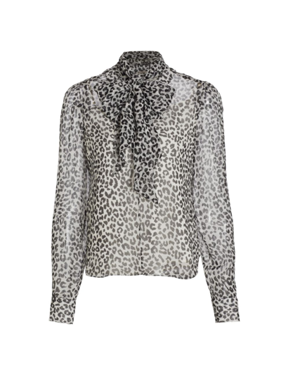 Shop Adam Lippes Women's Leopard-print Tie-neck Blouse In White Black