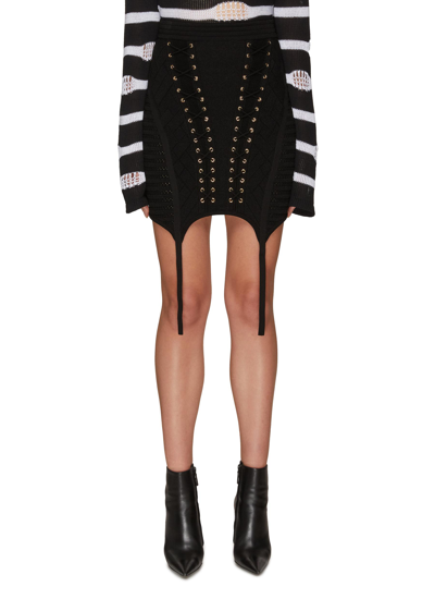 Shop Balmain Eyelet Detail Lace Up Knitted Garter Skirt In Black