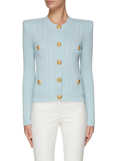 Shop Balmain Padded Shoulder Button Front Knitted Cardigan In Blue