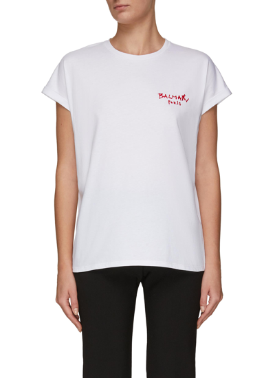 Shop Balmain Flocked Logo Print Cotton Jersey T-shirt In White
