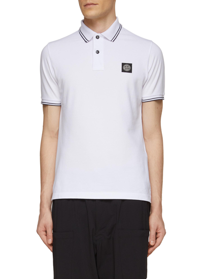 Shop Stone Island Contrasting Trim Logo Patch Cotton Blend Polo Shirt In White
