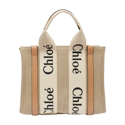 Shop Chloé Woody Small Tote Bag In White Beige 1