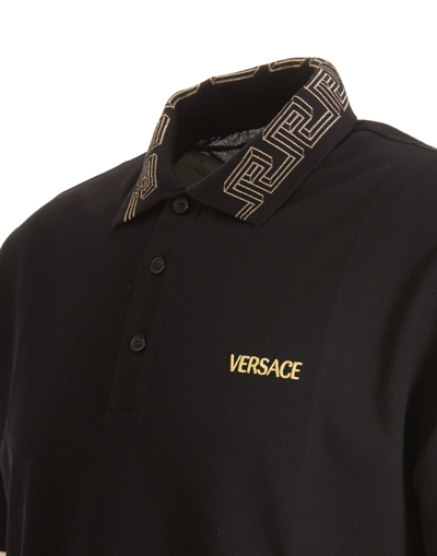 Shop Versace Polo T-shirt With Greca Logo Collar In Black