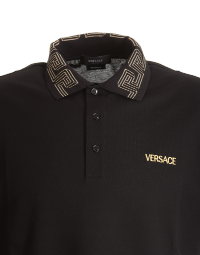 Shop Versace Polo T-shirt With Greca Logo Collar In Black