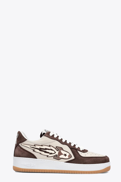 Shop Enterprise Japan New Drop Low Beige And Brown Leather Low Sneakers With Side Rocket Detail In Bianco/marrone