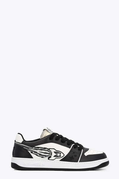 Shop Enterprise Japan Rocket Low White And Black Leather Low Sneakers With Side Rocket Detail In Nero/bianco