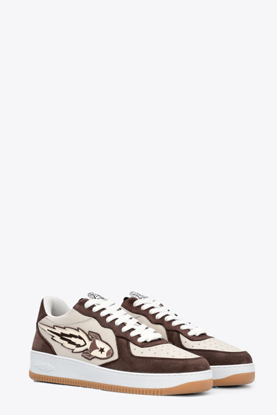Shop Enterprise Japan New Drop Low Beige And Brown Leather Low Sneakers With Side Rocket Detail In Bianco/marrone