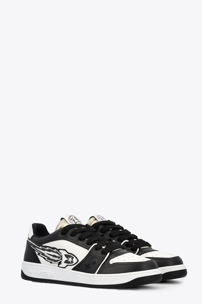 Shop Enterprise Japan Rocket Low White And Black Leather Low Sneakers With Side Rocket Detail In Nero/bianco