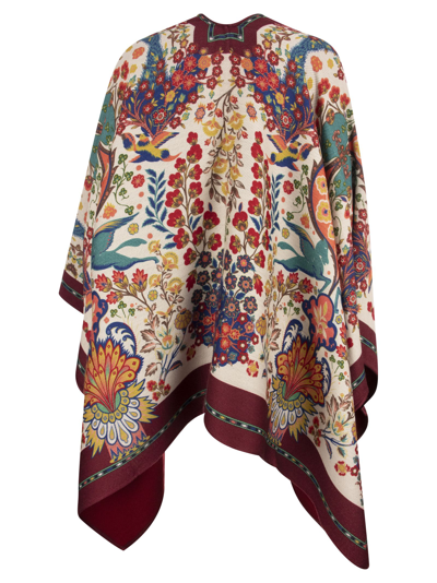 Shop Etro Printed Virgin Wool Cape In White/bordeaux