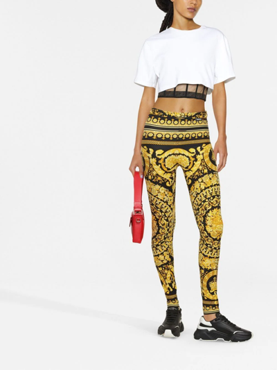 Versace Gold And Black Stretch Fabric Leggings With Baroque Heriatge Print In Gelb