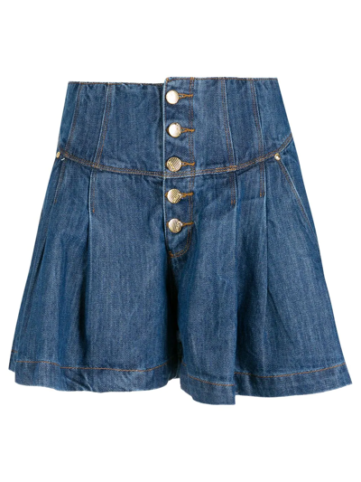 Shop Amapô Ruffle Denim Shorts In Blue