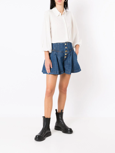 Shop Amapô Ruffle Denim Shorts In Blue