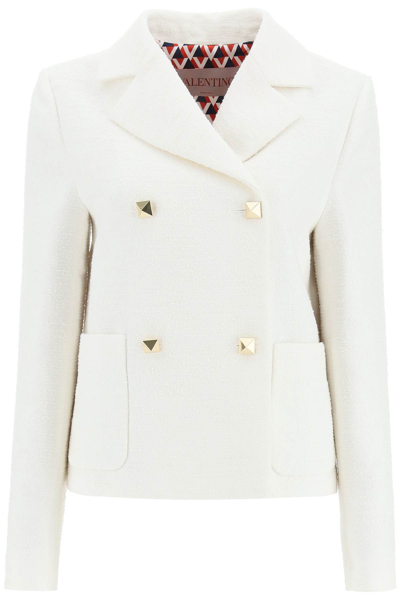 Shop Valentino Double Breasted Tweed Jacket In White