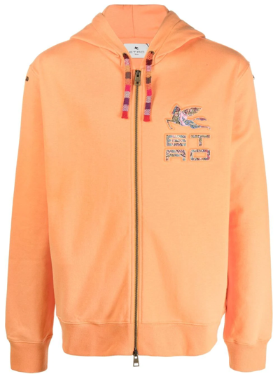 Shop Etro Logo-debossed Zip-up Hoodie In Orange