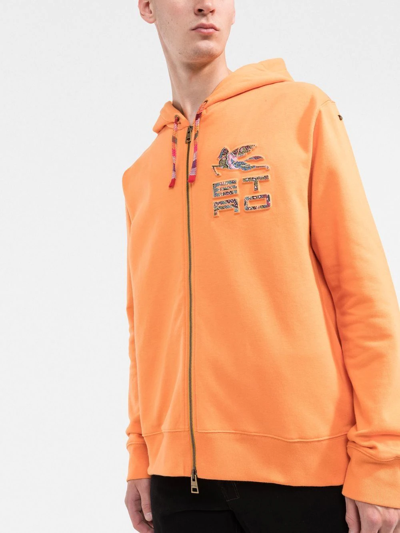 Shop Etro Logo-debossed Zip-up Hoodie In Orange