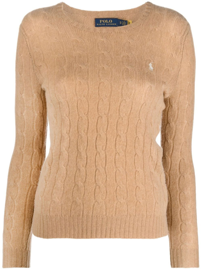 Shop Polo Ralph Lauren Logo-embroidered Cable-knit Jumper In Nude