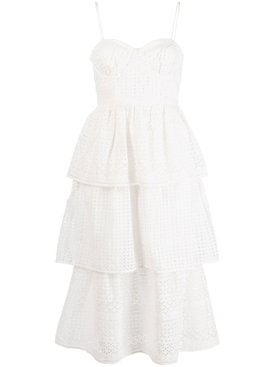 Shop Self-portrait Broderie Anglaise Tiered Midi Dress In Weiss