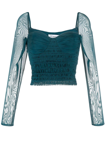 Shop Self-portrait Gathered-detail Long-sleeve Top In Blau