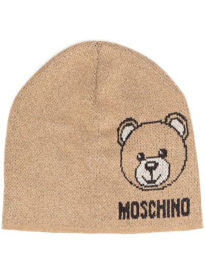 Shop Moschino Intarsia-knit Logo Beanie In Gold