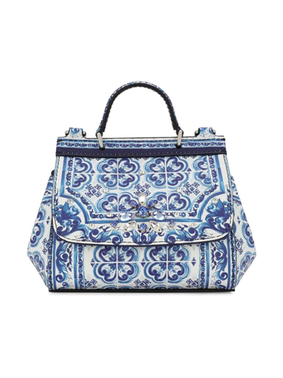 Shop Dolce & Gabbana Mini Sicily Majolica-print Top-handle Bag In Blue