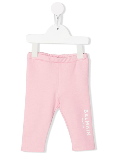 Shop Balmain Logo-print Cotton Leggings In Pink