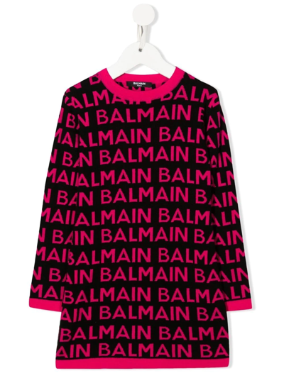 Shop Balmain Intarsia-knit Logo Cotton Dress In Black