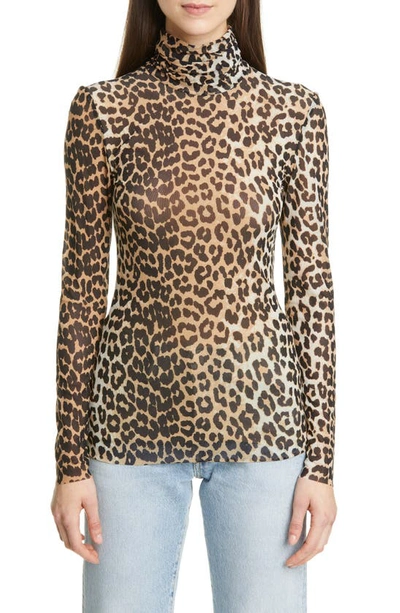 Shop Ganni Leopard Print Mesh Turtleneck