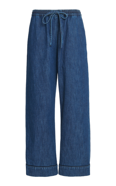Valentino Denim-chambray Drawstring Palazzo Pants In Medium Wash