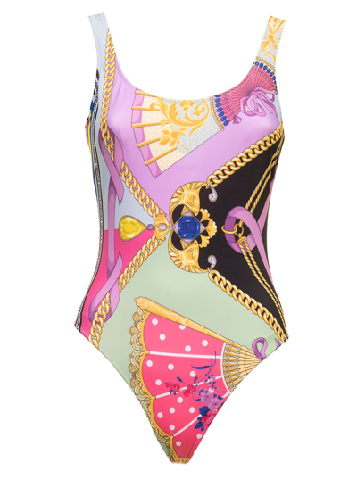 Shop Versace Multicolor Stretch Fabric Swimsuit With Fan Print  Woman