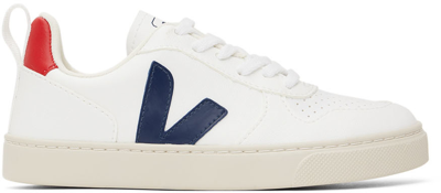 Shop Veja Kids White & Navy V-10 Lace-up Sneakers In White_cobalt_pekin