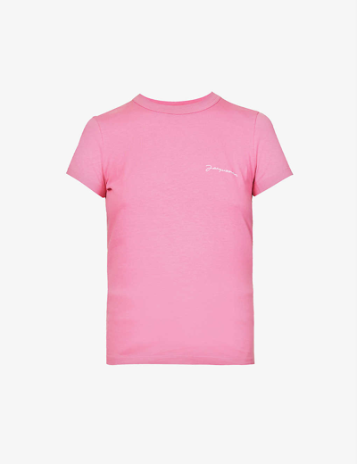 Shop Jacquemus Women's Dark Pink Le T-shirt Brode Logo-embroidered Organic Cotton-jersey T-shirt
