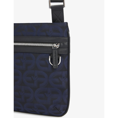 Shop Emporio Armani Monogram-print Flat Woven Cross-body Bag In Blu/nero
