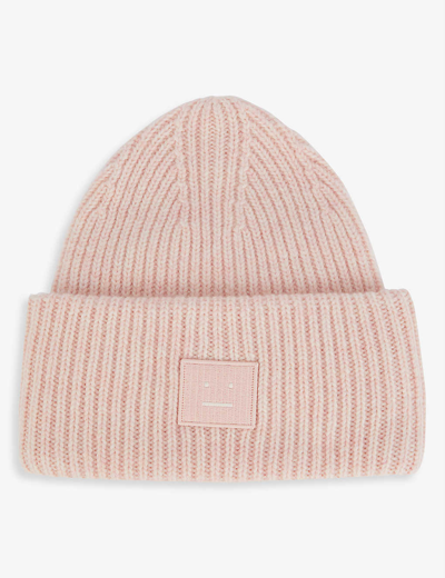Shop Acne Studios Women's Pink Melange Pansy Logo-patch Wool Beanie Hat