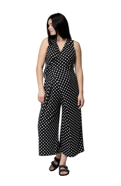 Shop Nom Maternity Francesca Wide Leg Maternity/nursing Jumpsuit In Black W/ White Dot