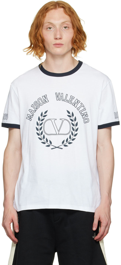 Shop Valentino White Cotton T-shirt In Qe6 Bianco/navy