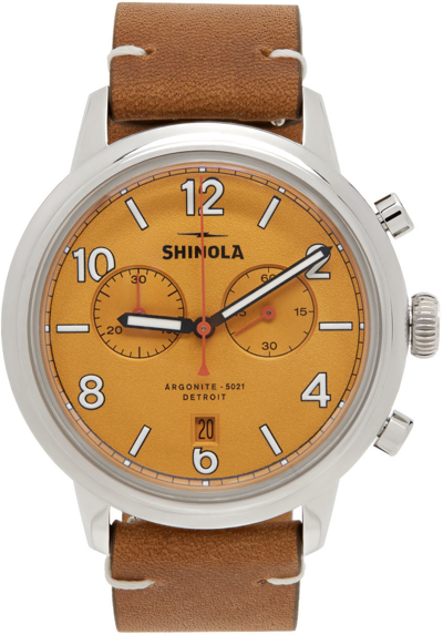 Shop Shinola Brown & Yellow 'the Traveler' 42 Mm Watch In Golden