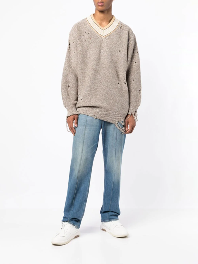 Children Of The Discordance 5g Distressed V-neck Jumper In Brown