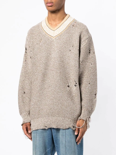 Children Of The Discordance 5g Distressed V-neck Jumper In Brown