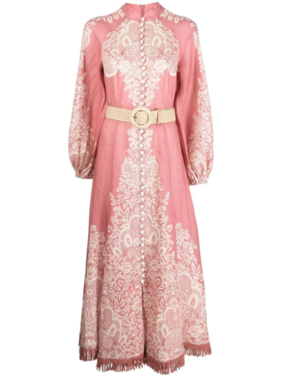Shop Zimmermann Pattie Fringed Midi Dress In Pink