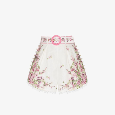 Shop Zimmermann White Jude Floral Buttoned Tuck Shorts