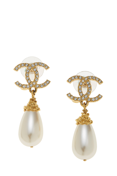 Pre-owned Chanel Gold & Faux Pearl Crystal 'cc' Dangle Earrings