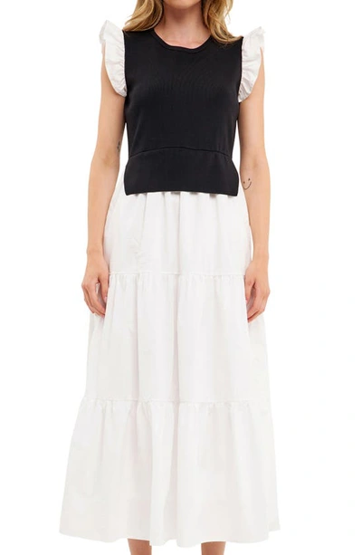Shop English Factory Mixed Media Ruffle Maxi Dress In Black/ White
